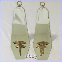 Pair Mid-Century Modern Elongated Octagonal Mirrored & Brass Wall Candle Sconces
