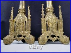 Pair Neo Gothic Brass Religious Altar Church Candlesticks Candelabra Cathedral
