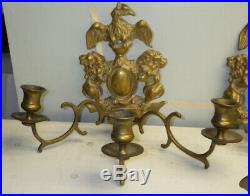 Pair Of 19th C George IV Brass Candle Holders Wall Sconces 3 Arms Lions & Eagle
