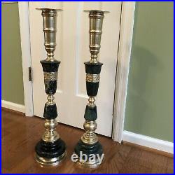 Pair Of 27 Tall Alter Brass and Green Marble Candlesticks Free Shipping