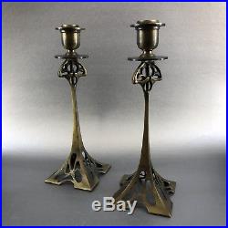 Pair Of Antique Art Nouveau Brass Candle Holders Art Deco Vintage Candleholders