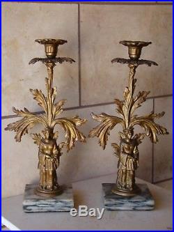 Pair Of Antique Bronze/Brass Figural Girandoles/Candle Holders on Marble Base