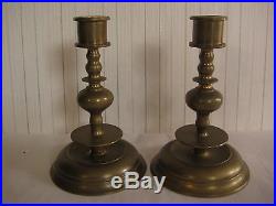 Pair Of Antique England Heavy Brass Candlesticks With Shaped Drip Catchers, 9 T