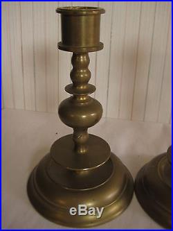 Pair Of Antique England Heavy Brass Candlesticks With Shaped Drip Catchers, 9 T