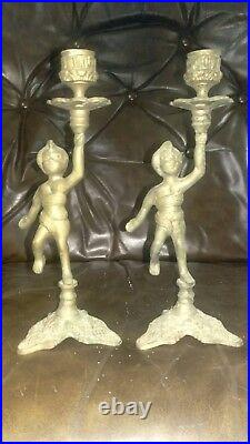 Pair Of Antique Vintage Candle Holders Candlesticks Brass Cherub Angel