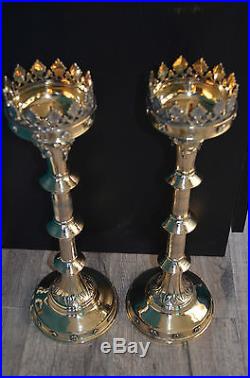 Pair Of Brass GOTHIC CandleSticks / Candle Holder 19s Tall