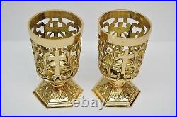 Pair Of Brass Votive Candle Holders With Blue Glass #284