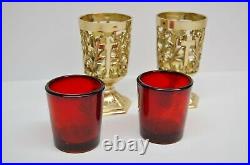 Pair Of Brass Votive Candle Holders With Red Glass #284
