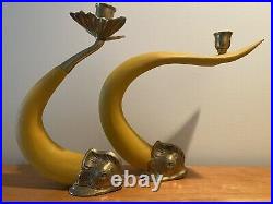 Pair Of Large Koi Fish Candle Stick Holder Wood And Brass