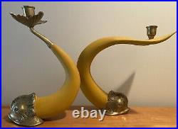 Pair Of Large Koi Fish Candle Stick Holder Wood And Brass