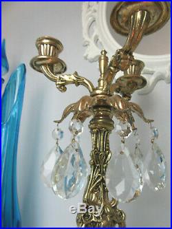 Pair Of Large Vintage Brass Candelabra 3 Arm Hanging Crystals Hollywood Regency