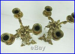 Pair Of Large Vintage Brass Candelabra 3 Arm Hanging Crystals Hollywood Regency