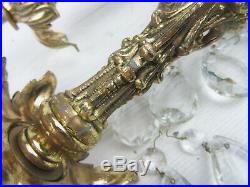 Pair Of Large Vintage Brass Candelabra 3 Arm Hanging Crystals Hollywood Regency
