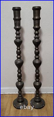 Pair Of Large Vintage Etched Brass Floor Candle Holders Altar Prayer 39 Tall