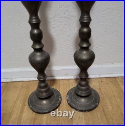 Pair Of Large Vintage Etched Brass Floor Candle Holders Altar Prayer 39 Tall