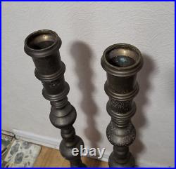 Pair Of Large Vintage Etched Brass Floor Candle Holders Altar Prayer 39 Tall