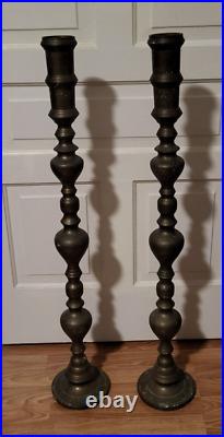 Pair Of Large Vintage Etched Brass Floor Candle Holders Altar Prayer 39 Tall