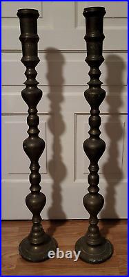 Pair Of Large Vintage Etched Brass Floor Candle Holders Altar Prayer 39 Tall