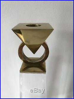 Pair Of Lucite Brass Metal Candle Holders