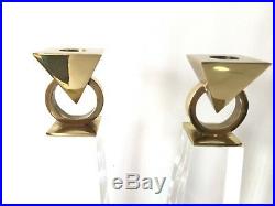 Pair Of Lucite Brass Metal Candle Holders