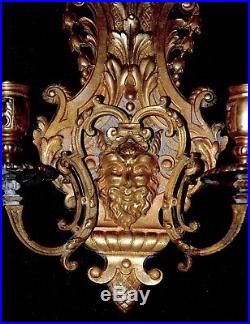 Pair Of Magnificent Rare Antique French Brass Wall Sconces Candleholders Devil