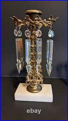 Pair Of Ornate Brass Cherub Marble &Crystal Candelabras