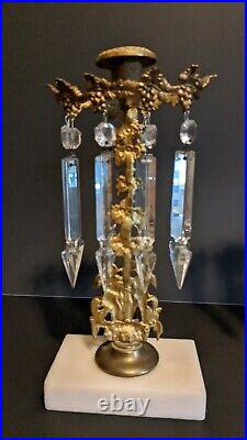 Pair Of Ornate Brass Cherub Marble &Crystal Candelabras