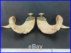 Pair Of Vintage / Antique Ram Horn Mount Candle Brass Stick Holders Rustic Cabin