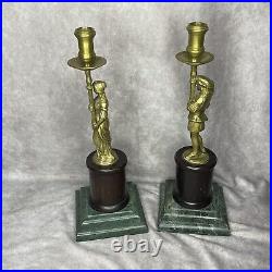 Pair Of Vintage Brass Bronze Figure Green Marble Candlestick Holder Rare