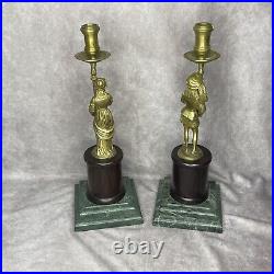 Pair Of Vintage Brass Bronze Figure Green Marble Candlestick Holder Rare