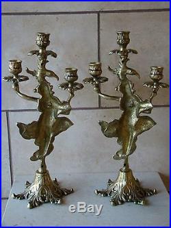 Pair Of Vintage Brass Victorian Woman withEagle Head 3 Three Candle Stick Holders