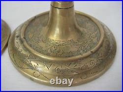 Pair Of Vintage Hand Engraving Chinese Brass Candle Holders, 7 3/4 T, 3 1/2 W