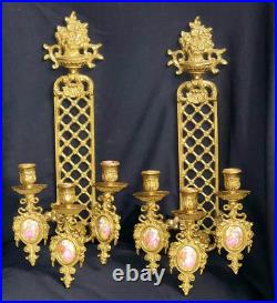 Pair Of Vintage Limoges France Bronze Brass Porcelain Candle Holder Wall Sconces