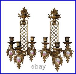 Pair Of Vintage Limoges France Bronze Brass Porcelain Candle Holder Wall Sconces