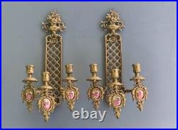 Pair Of Vintage Limoges France Bronze Brass Porcelain Candle Holder Wall Sconces