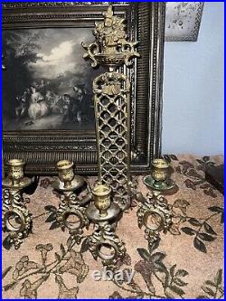 Pair Of Vintage Limoges France Bronze Brass Porcelain Candle Holder Wall Sconces