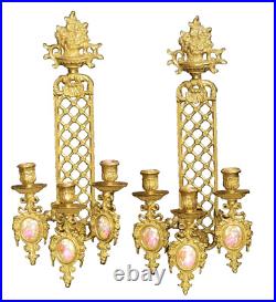 Pair Of Vintage Limoges France Bronze Brass Porcelain Candle Holder Wall Sconces