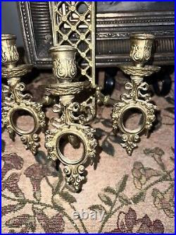 Pair Of Vintage Limoges France Bronze Brass Porcelain Candle Holder Wall Sconces