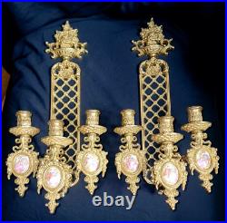 Pair Of Vintage Limoges France Bronze Brass Porcelain Candle Holder Wall Sconces