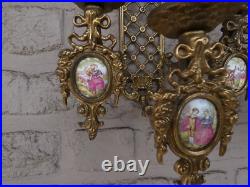 Pair Of Vintage Limoges France Bronze Brass Porcelain Candle Holder Wall Sconces