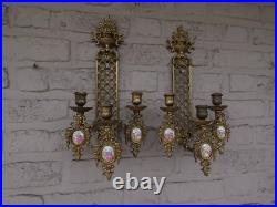 Pair Of Vintage Limoges France Bronze Brass Porcelain Candle Holder Wall Sconces