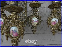 Pair Of Vintage Limoges France Bronze Brass Porcelain Candle Holder Wall Sconces