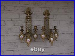 Pair Of Vintage Limoges France Bronze Brass Porcelain Candle Holder Wall Sconces