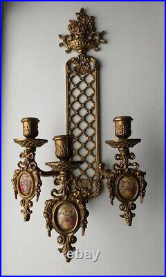 Pair Of Vintage Limoges France Bronze Brass Porcelain Candle Holder Wall Sconces