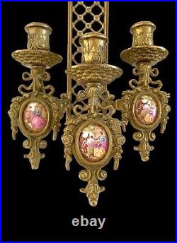 Pair Of Vintage Limoges France Bronze Brass Porcelain Candle Holder Wall Sconces