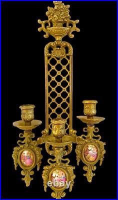 Pair Of Vintage Limoges France Bronze Brass Porcelain Candle Holder Wall Sconces