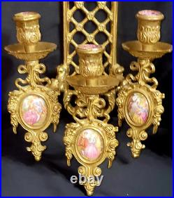 Pair Of Vintage Limoges France Bronze Brass Porcelain Candle Holder Wall Sconces