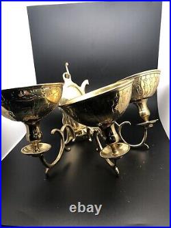 Pair Of Vintage Polished Brass Triple Arm Colonial Wall Sconces Candle Holder