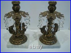 Pair Of Vtg Brass And Crystal Prisms Candle Holders Cherub & Fish On Marble Base