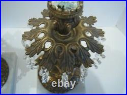Pair Of Vtg Brass And Crystal Prisms Candle Holders Cherub & Fish On Marble Base
